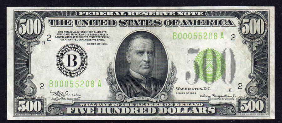 Fr.2201-B, 1934 $500 New York Federal Reserve Note,  ChXF, B00055208A